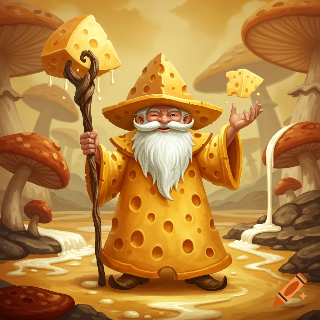 A smiling cheese wizard holding a staff in a landscape of giant mushrooms and cheese.