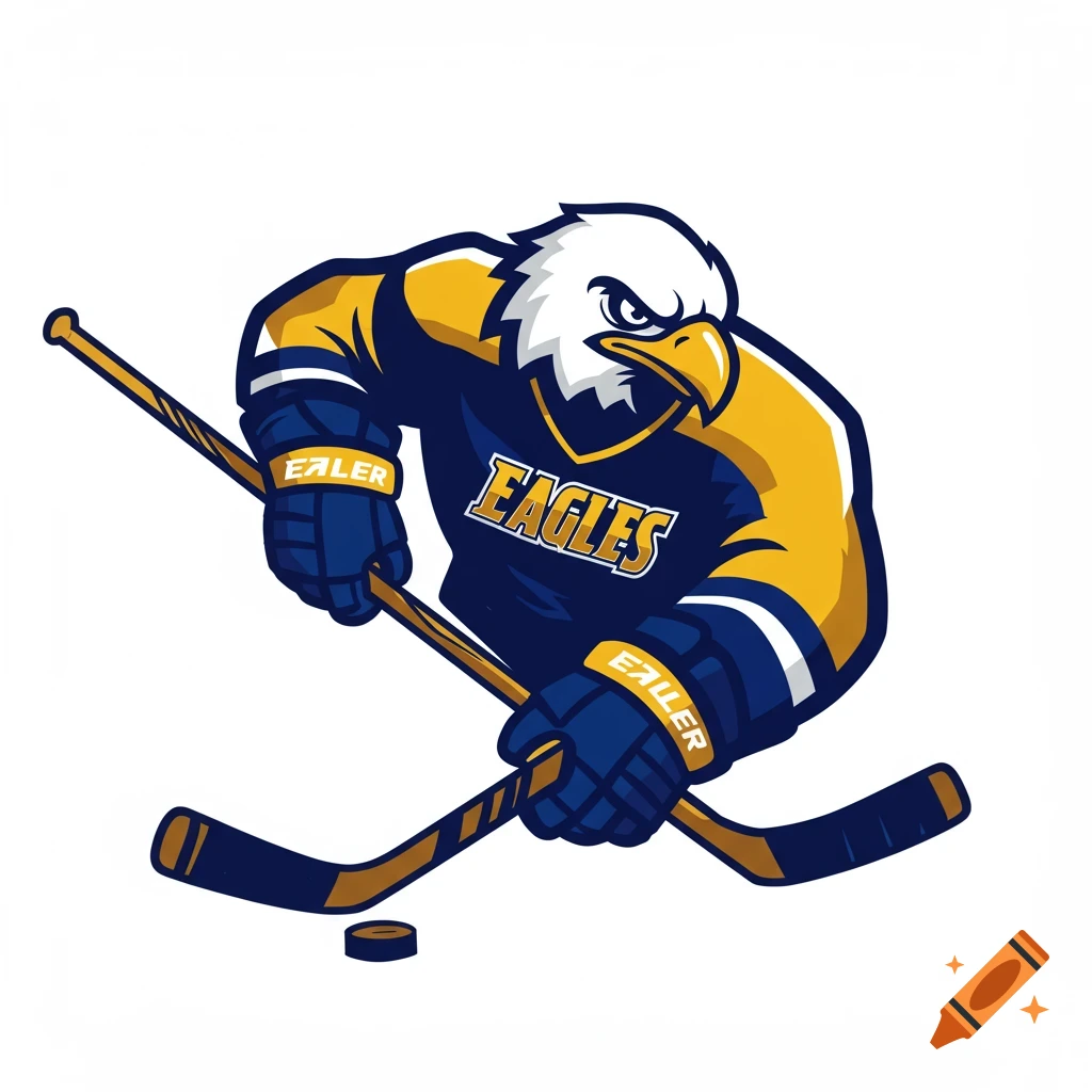 An illustrated logo of an eagle wearing a hockey jersey and holding two hockey sticks over a puck. The jersey says 'EAGLES'.