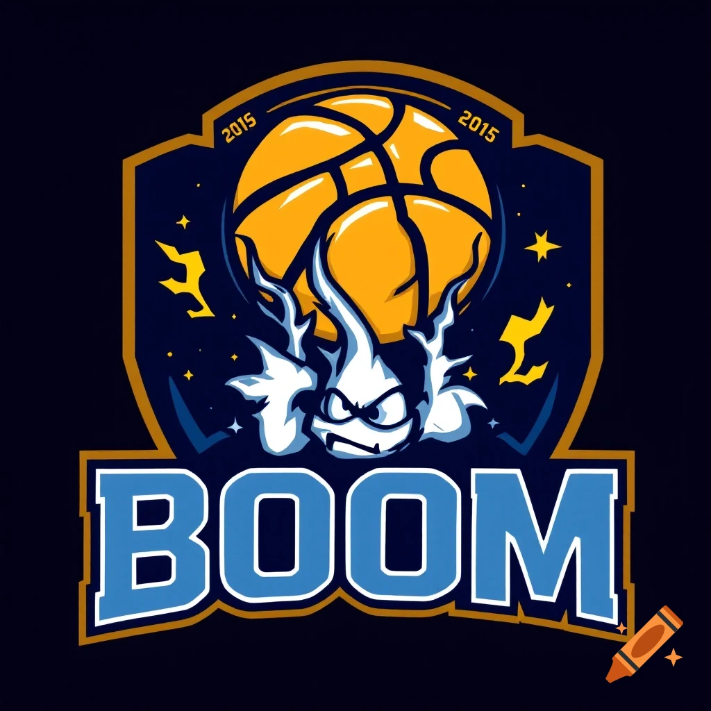 Basketball team logo with a ball, angry figure, stars, and text BOOM and 2015.