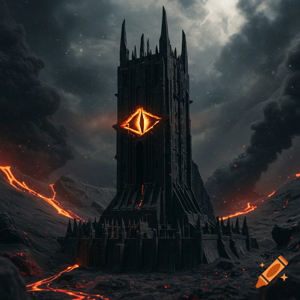 Dark fantasy tower with a glowing eye symbol, surrounded by flowing lava under a stormy sky.