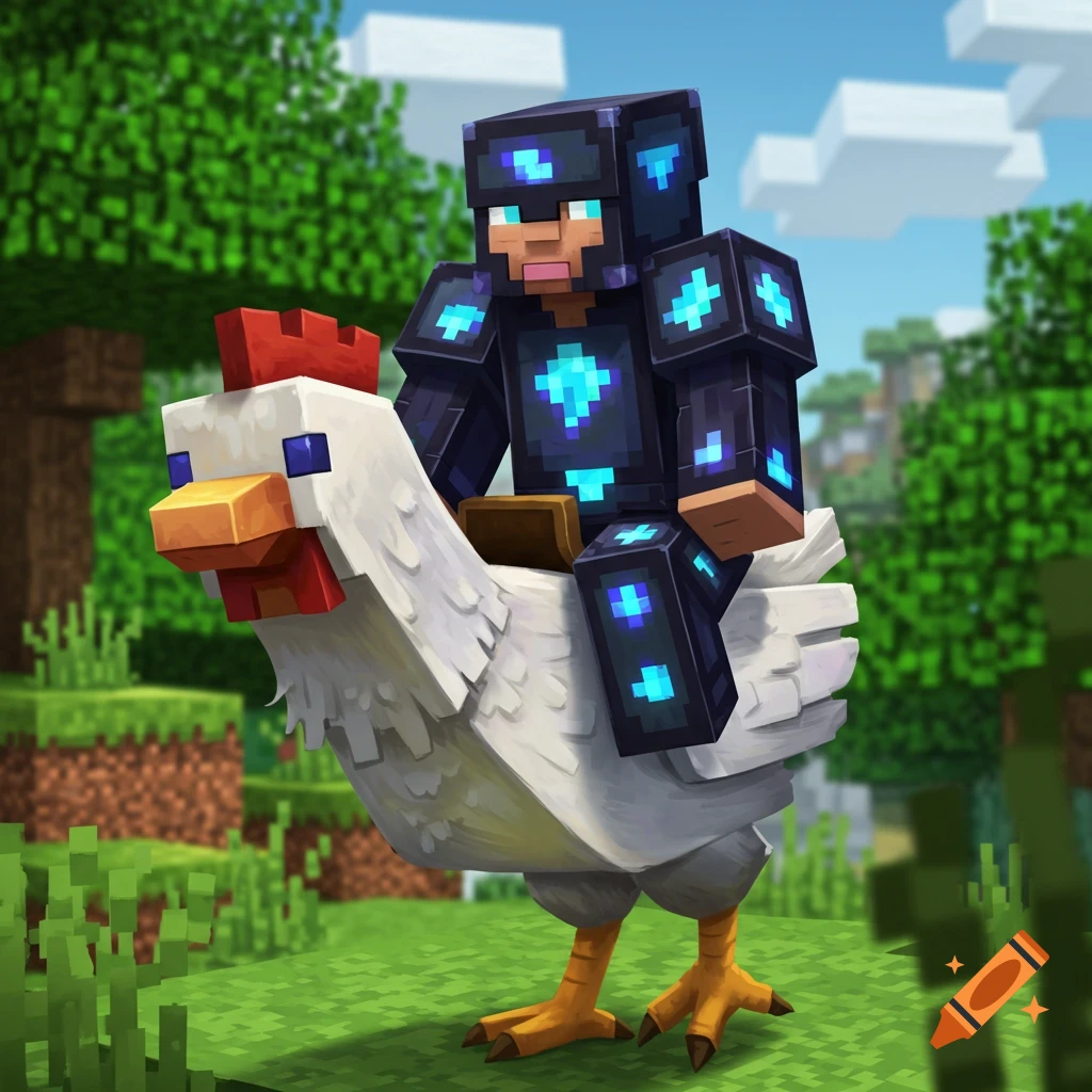 A Minecraft character in enchanted netherite armor rides a chicken in a blocky world