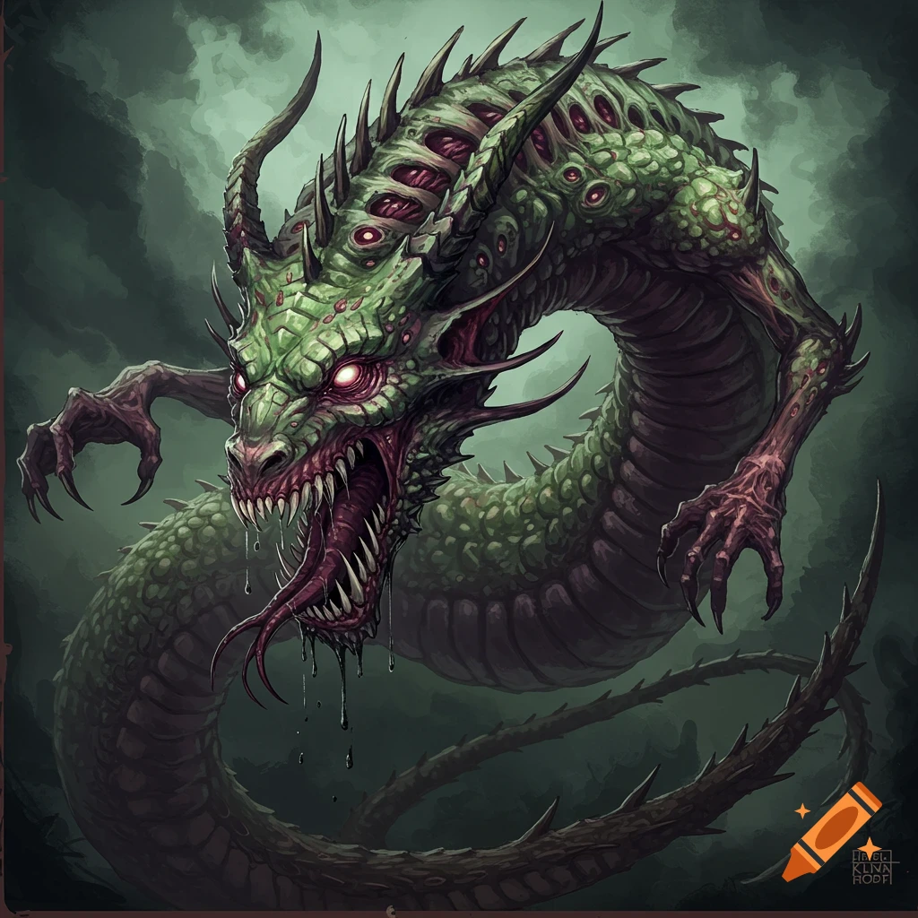 A green creepy dragon with many eyes and open mouth against a dark, stormy background.