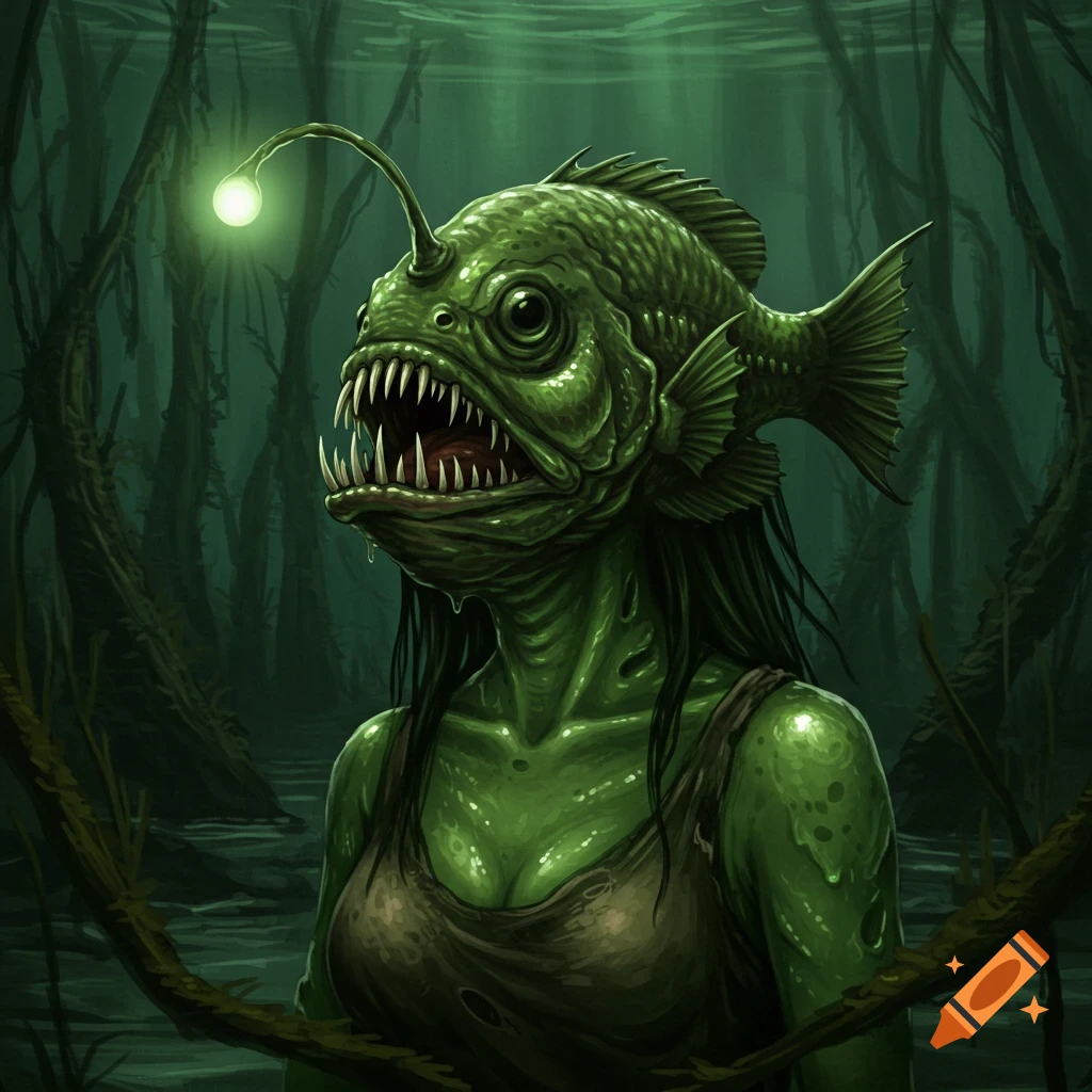 A green creature with an angler fish head and human-like body stands in a dark swamp.