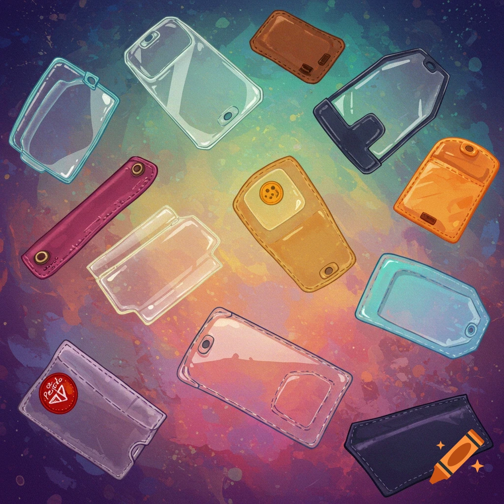 Various pocket protectors, cases, and wallets on a colorful background.
