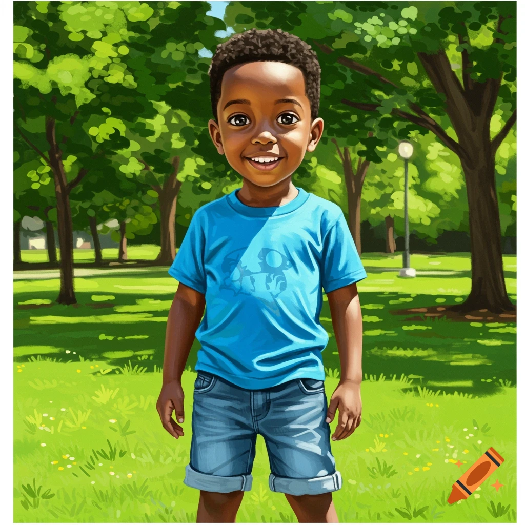 A smiling young Black boy in a sunny park.