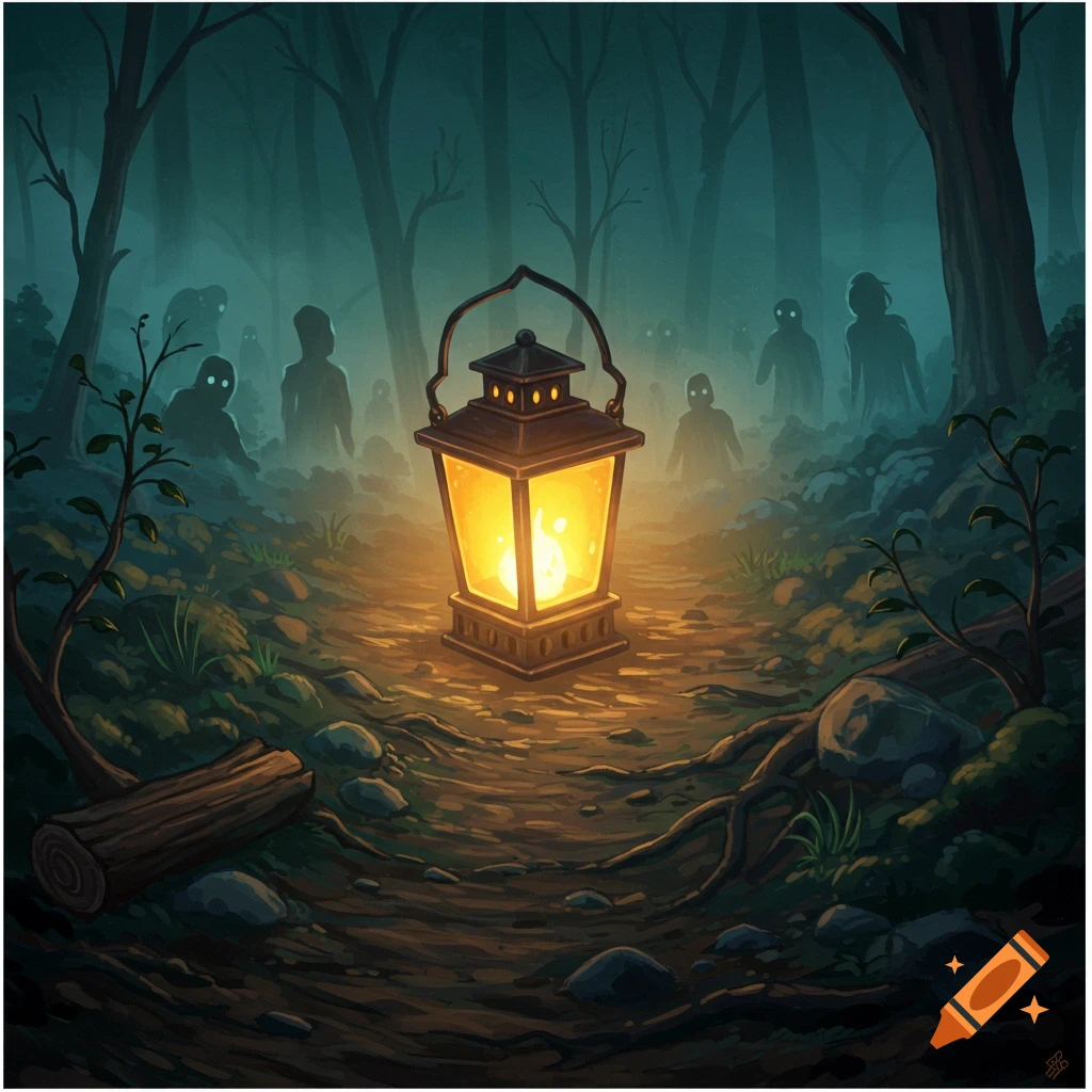 A glowing lantern on a path in a dark, foggy forest with shadowy figures lurking in the background.