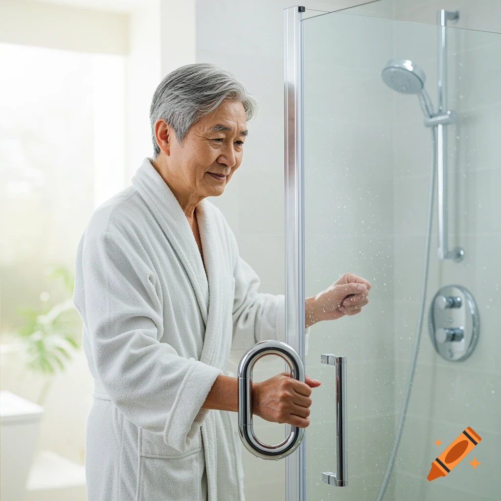 An older man in a white bathrobe opens a glass shower door in a modern bathroom.
