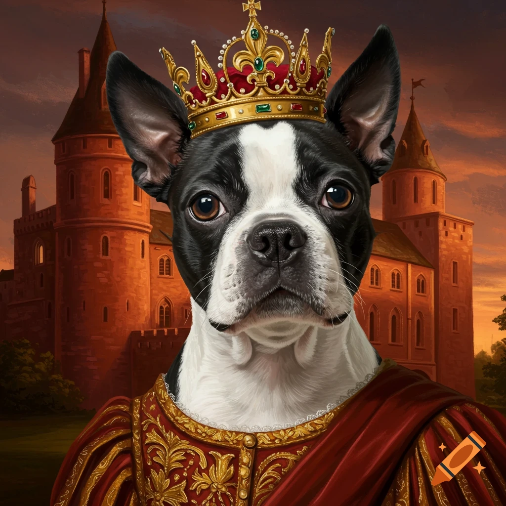 Boston terrier wearing a jeweled crown and regal red robe, standing before a castle at sunset.