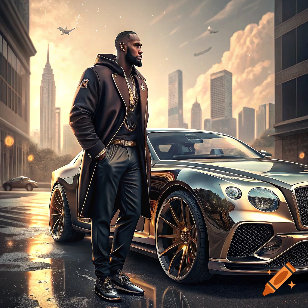 A man in a coat and chains stands next to a gold luxury car in a city street at sunset.