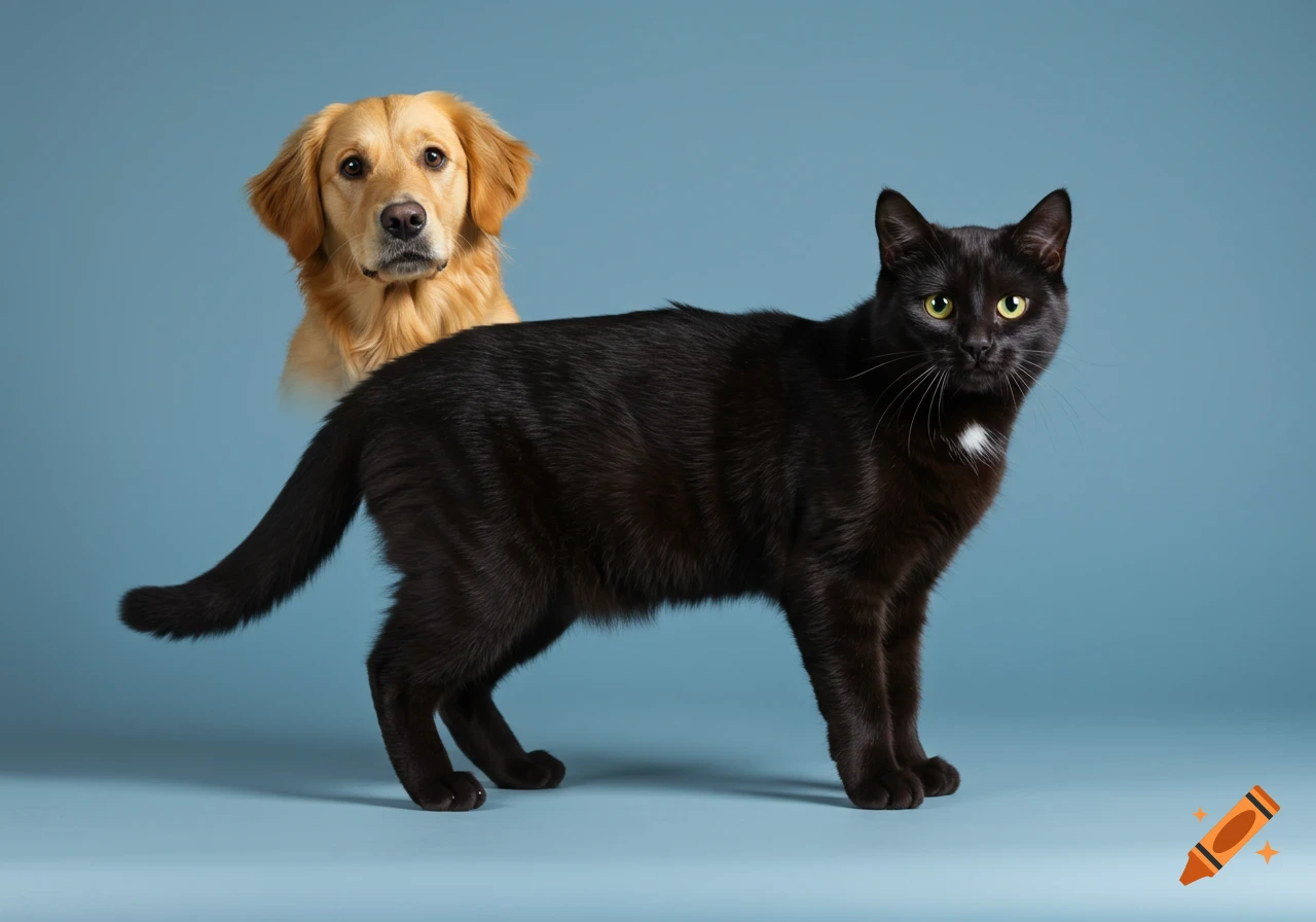 A black cat stands in front of a golden retriever's head on a blue background.