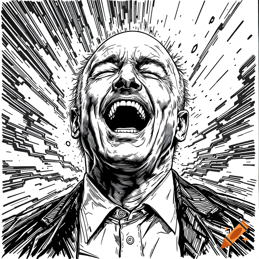 Black and white illustration of a bald man throwing his head back and laughing hysterically with a chaotic background.