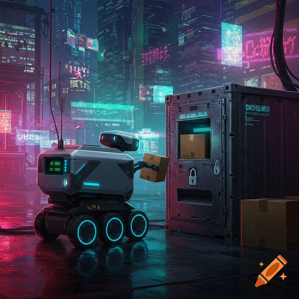 Futuristic robot delivers package to secure container in neon city street