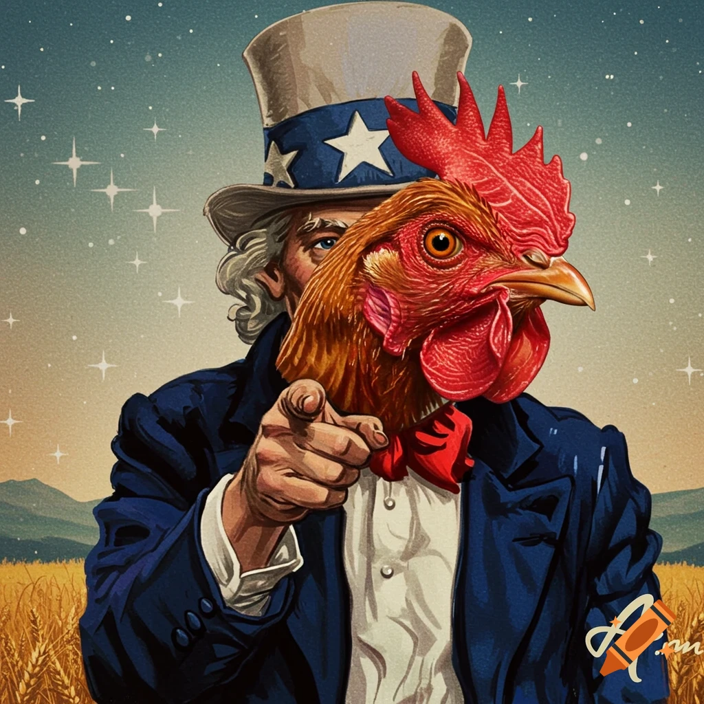 Illustration of Uncle Sam's body with a chicken head, pointing forward.