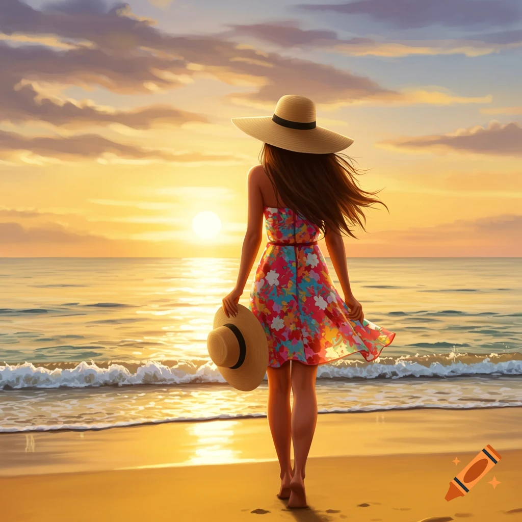Woman in a floral dress and hat standing on a beach at sunset.
