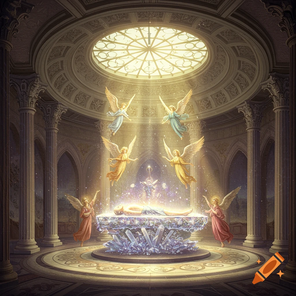 Angels surround a person on a crystal slab in a light-filled dome.