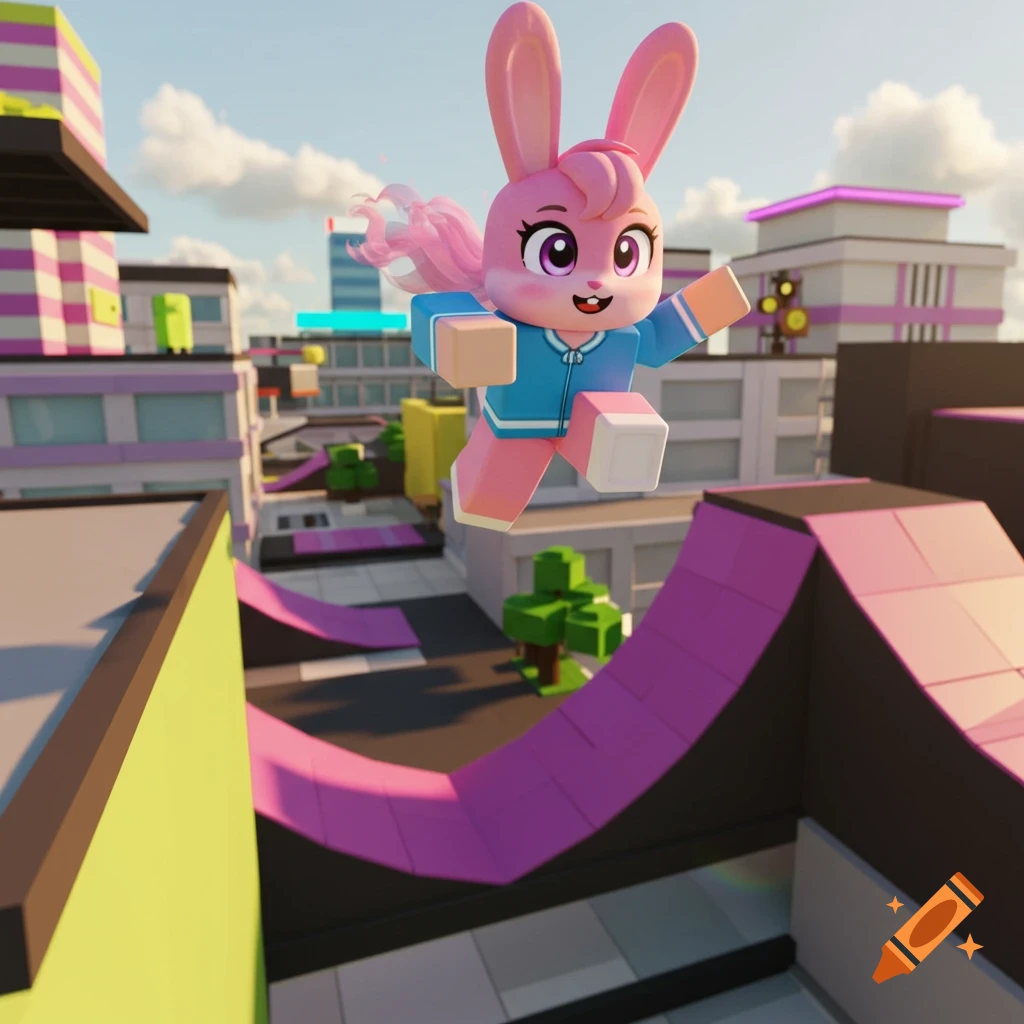 A cartoon pink bunny character leaps over a purple ramp in a blocky city environment.