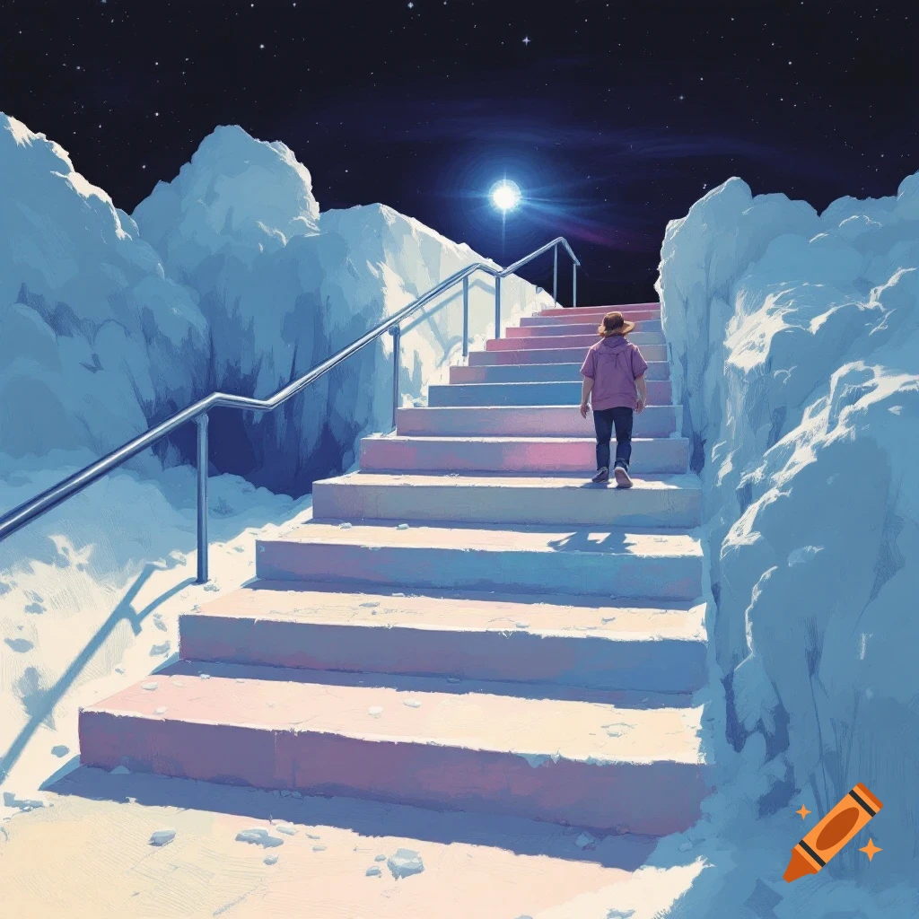 A person climbs pink and blue steps towards a bright light in a starry sky, surrounded by snow-like formations.