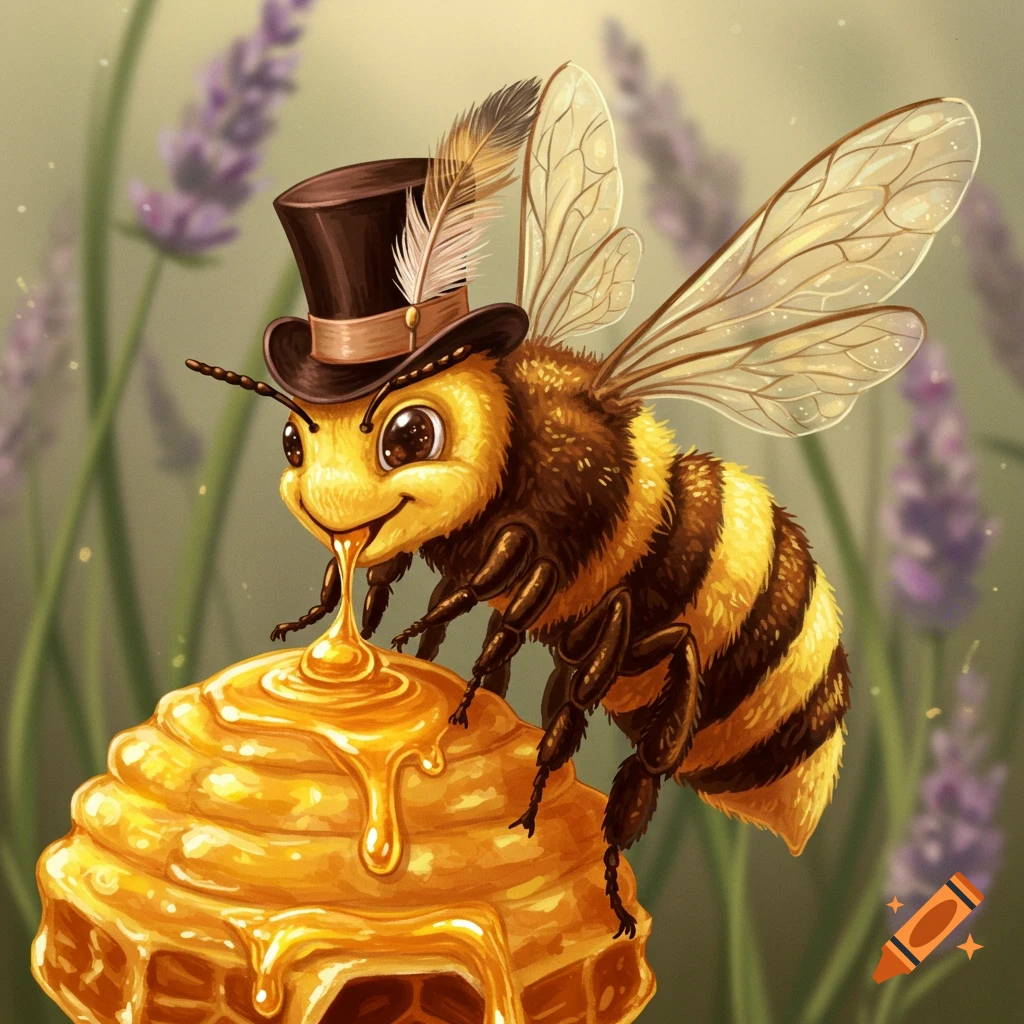 A bee wearing a top hat, dripping honey from its mouth onto a honeycomb.