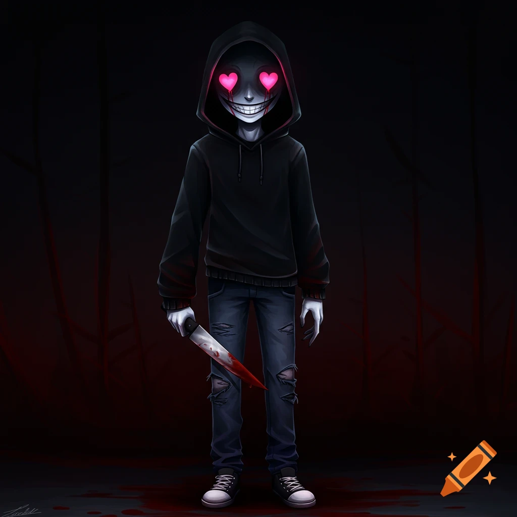 A stylized creepy character with a black hoodie, glowing pink heart eyes, a wide smile, and a bloody knife.