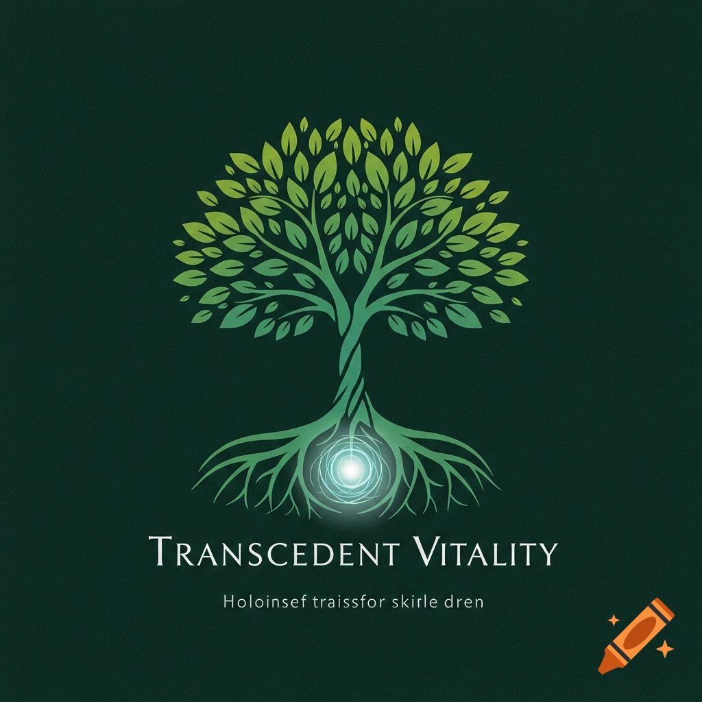 A logo featuring a green stylized tree with glowing roots on a dark background, with the text TRANSCENDENT VITALITY below.