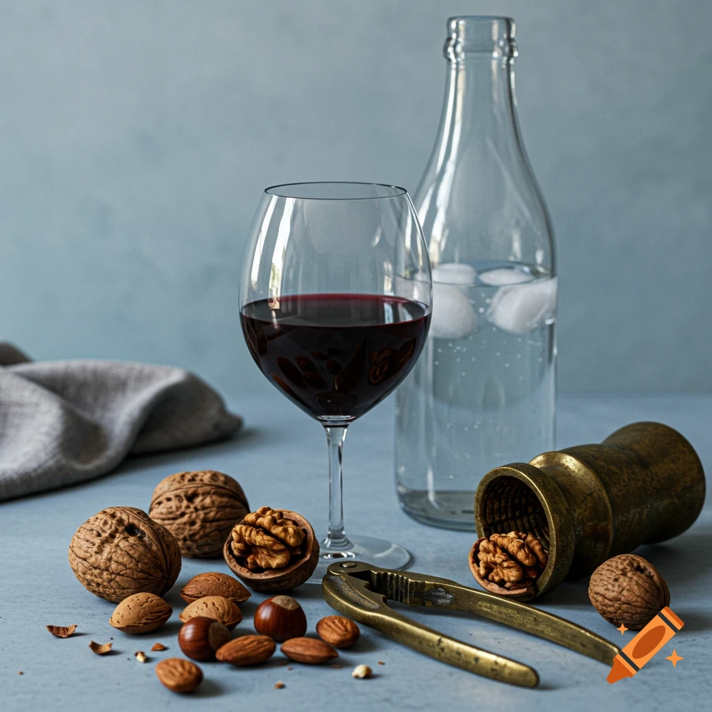 Still life with red wine, water bottle, walnuts, almonds, hazelnuts, and a nutcracker.