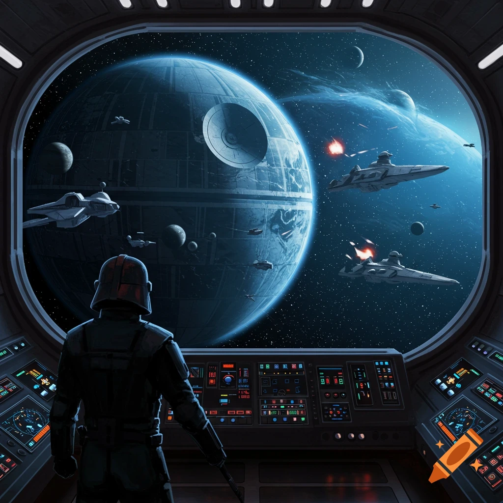 From a cockpit view, a figure observes a space battle near a large space station and planets.