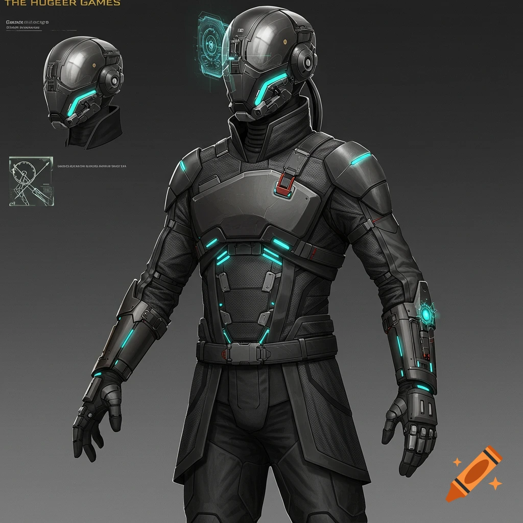 A person in dark futuristic armor with blue glowing accents and helmet, with detail views.
