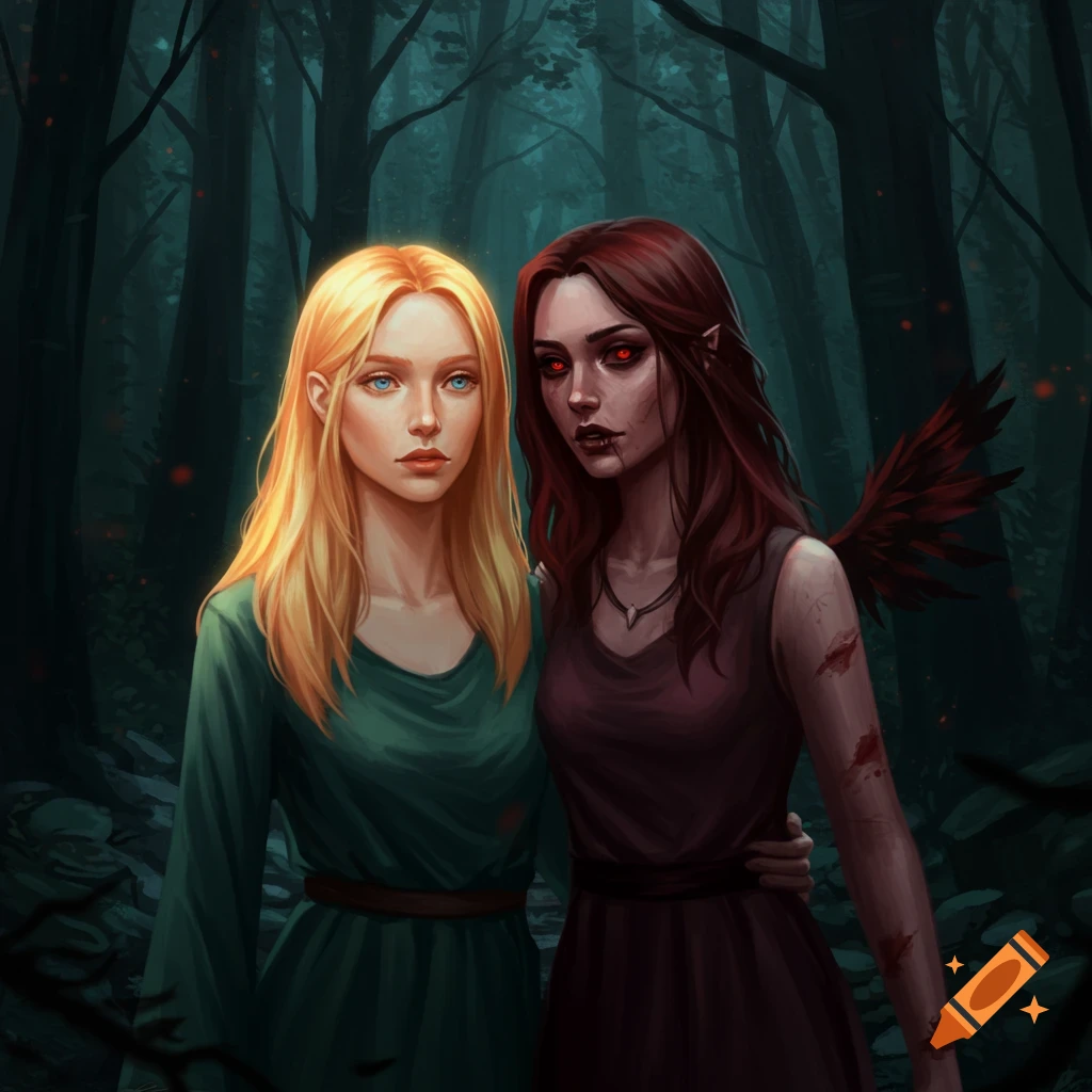 A blonde woman and a demonic woman with red eyes in a dark forest.