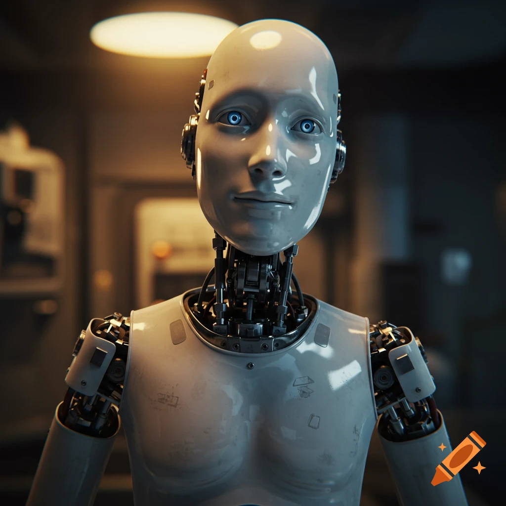 A close-up portrait of a humanoid robot with glowing blue eyes and exposed mechanics in a dim room.