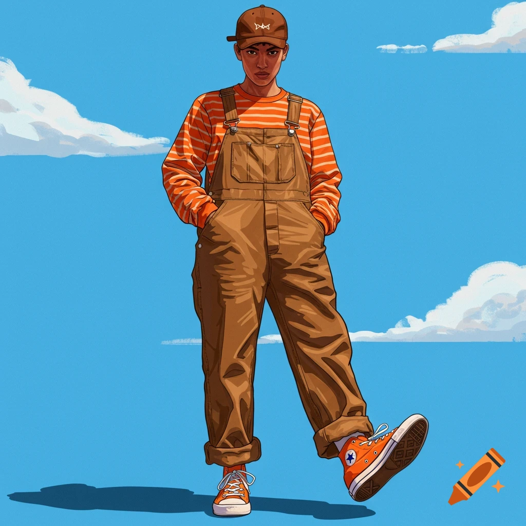 Illustration of a person in brown overalls and orange striped shirt, brown hat, and orange sneakers under a blue sky.