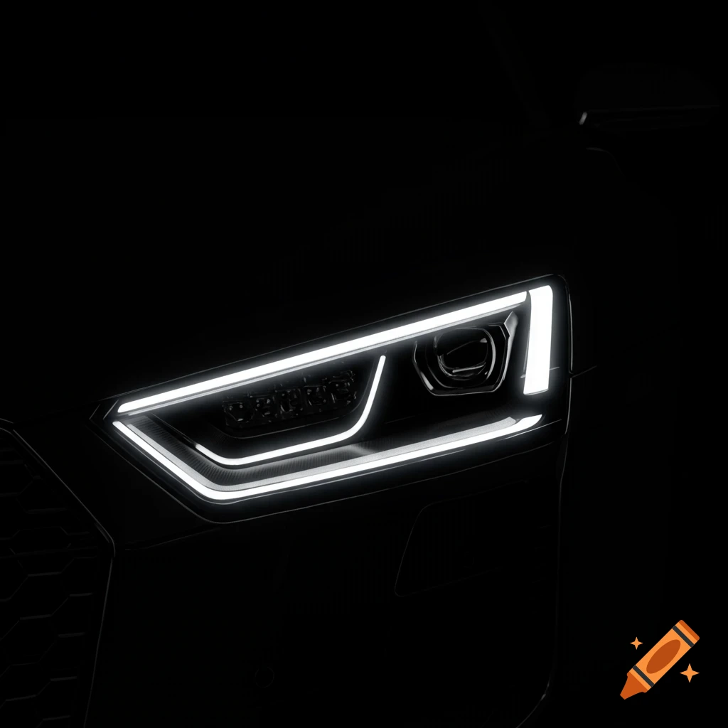 A close-up of a modern car headlight illuminated against a black background.