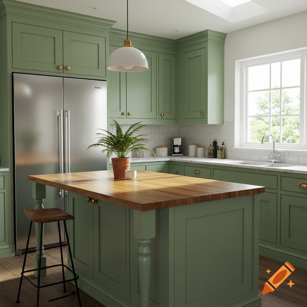 Photorealistic sage green kitchen interior with a stainless steel fridge, wood island, plant, and window.