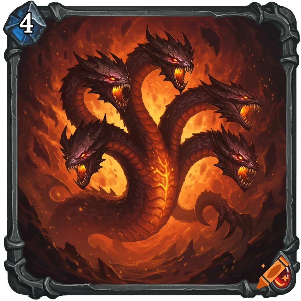 A multi-headed hydra on a trading card frame.