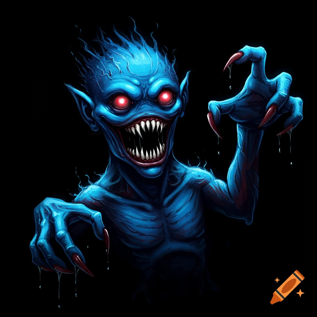 A scary blue monster with glowing red eyes, sharp teeth, and long claws reaches out in the dark.