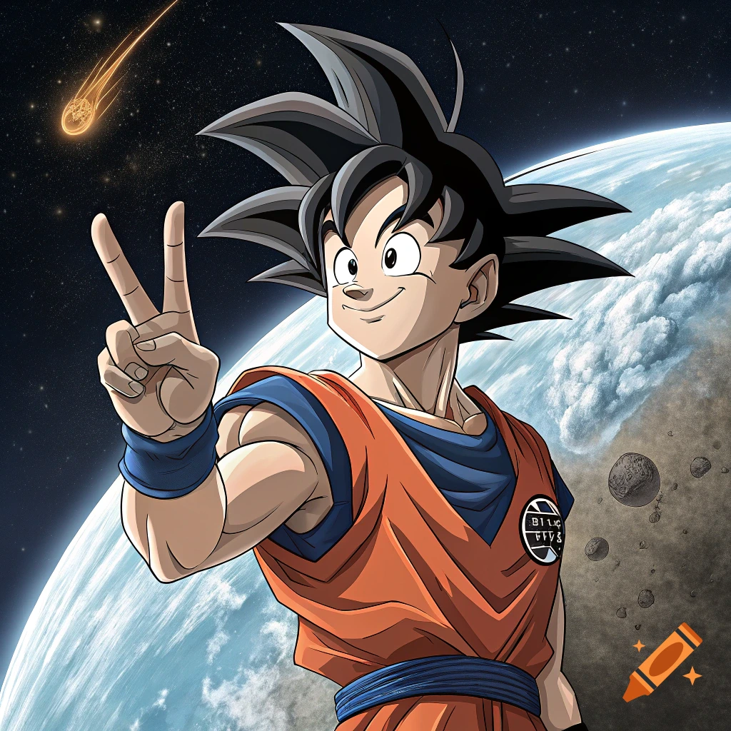 Anime style illustration of Goku from Dragon Ball Z making a peace sign in space with a planet and asteroids.