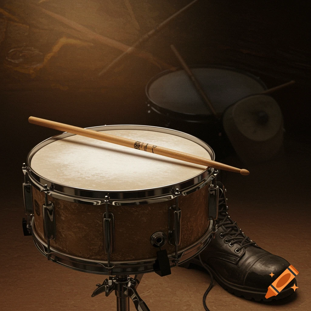 A snare drum with drumsticks and a boot.