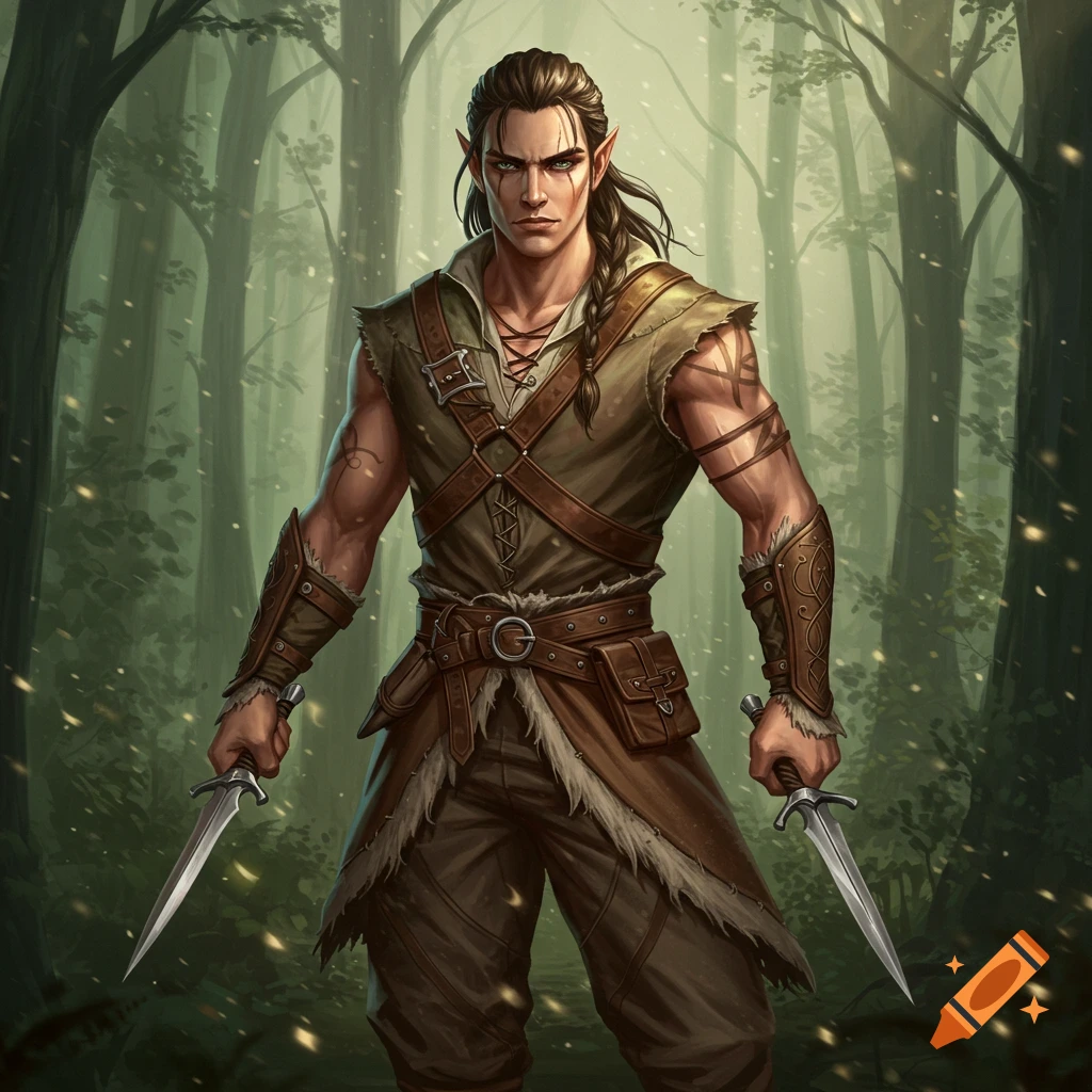 A male wood elf ranger holding daggers in a forest.
