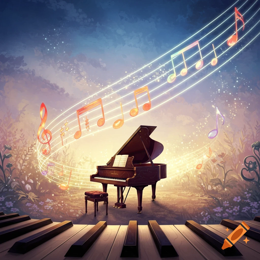 A piano in a magical outdoor setting with glowing musical notes floating above.