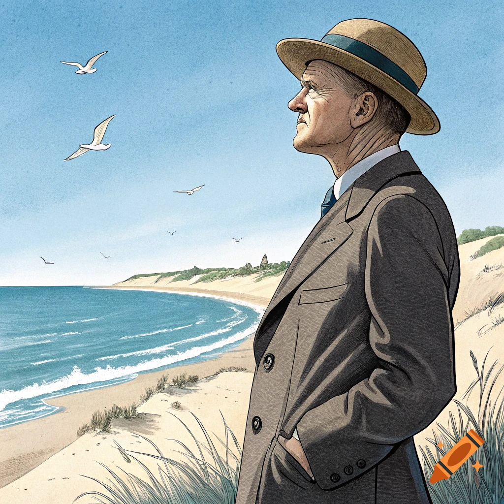 An illustration of a man in a suit and hat standing on a sand dune overlooking a beach with gulls flying.