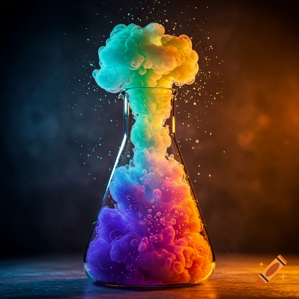 Chemical reaction in beaker overflowing with colorful smoke