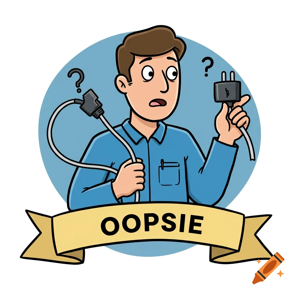 Cartoon illustration of a confused man holding two parts of an unplugged cable. A banner below reads 'OOPSIE'.