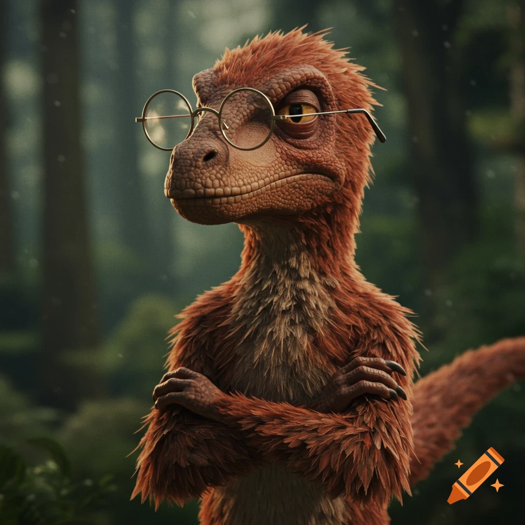 A feathery dinosaur wearing glasses stands with its arms crossed in a forest.