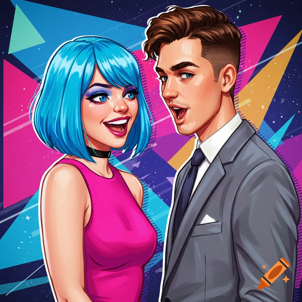 A woman with blue hair and a man in a suit smile against a retro geometric background.