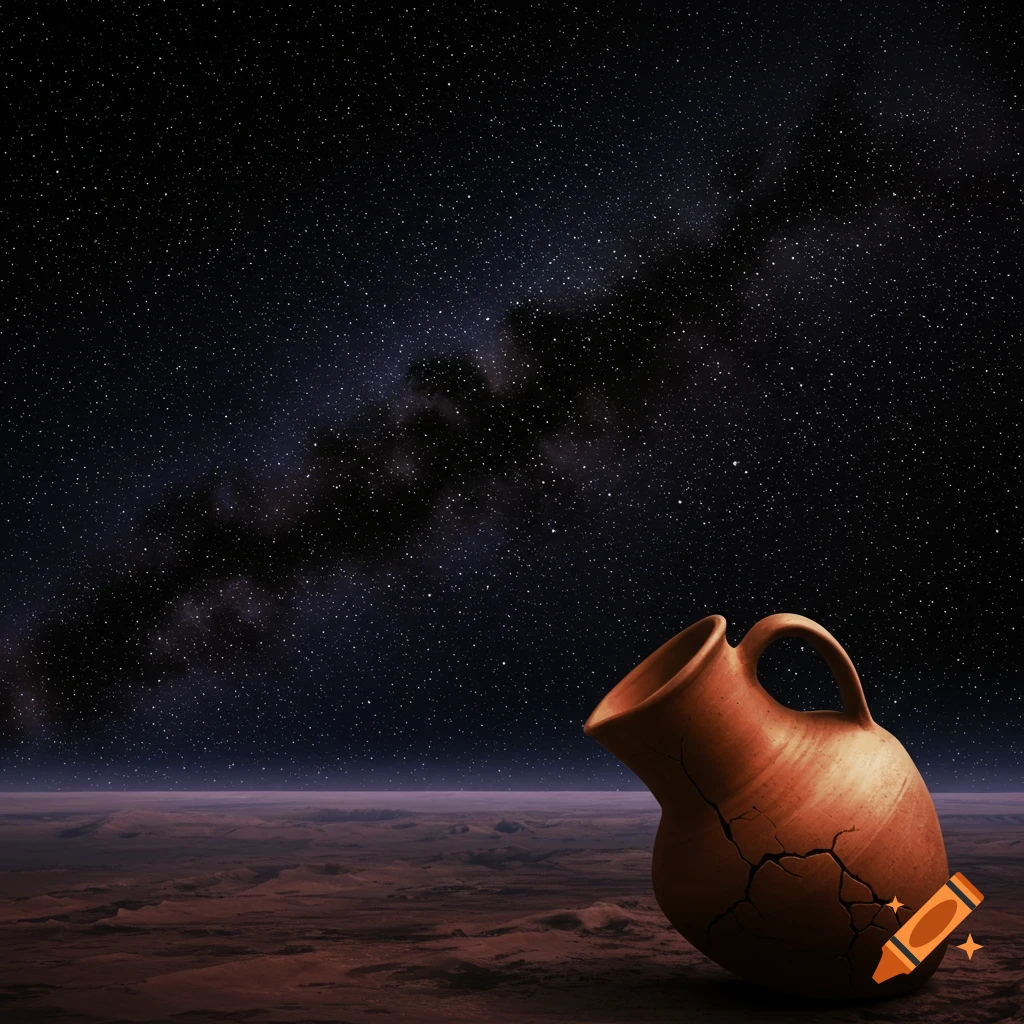 A cracked earthenware jug sits on a reddish planet surface under a dark sky filled with stars and the Milky Way.