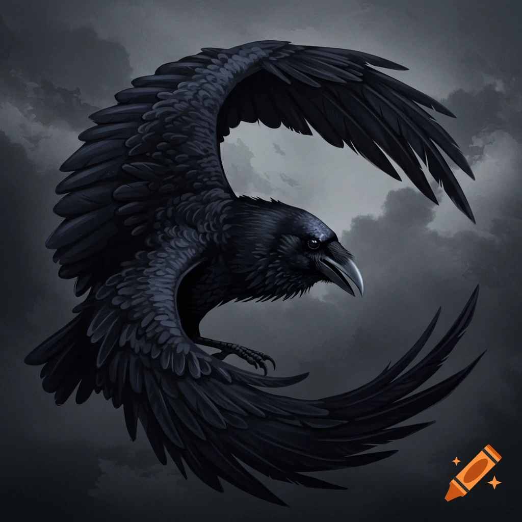 A black raven flies, forming a C shape with its wings against a dark cloudy sky.