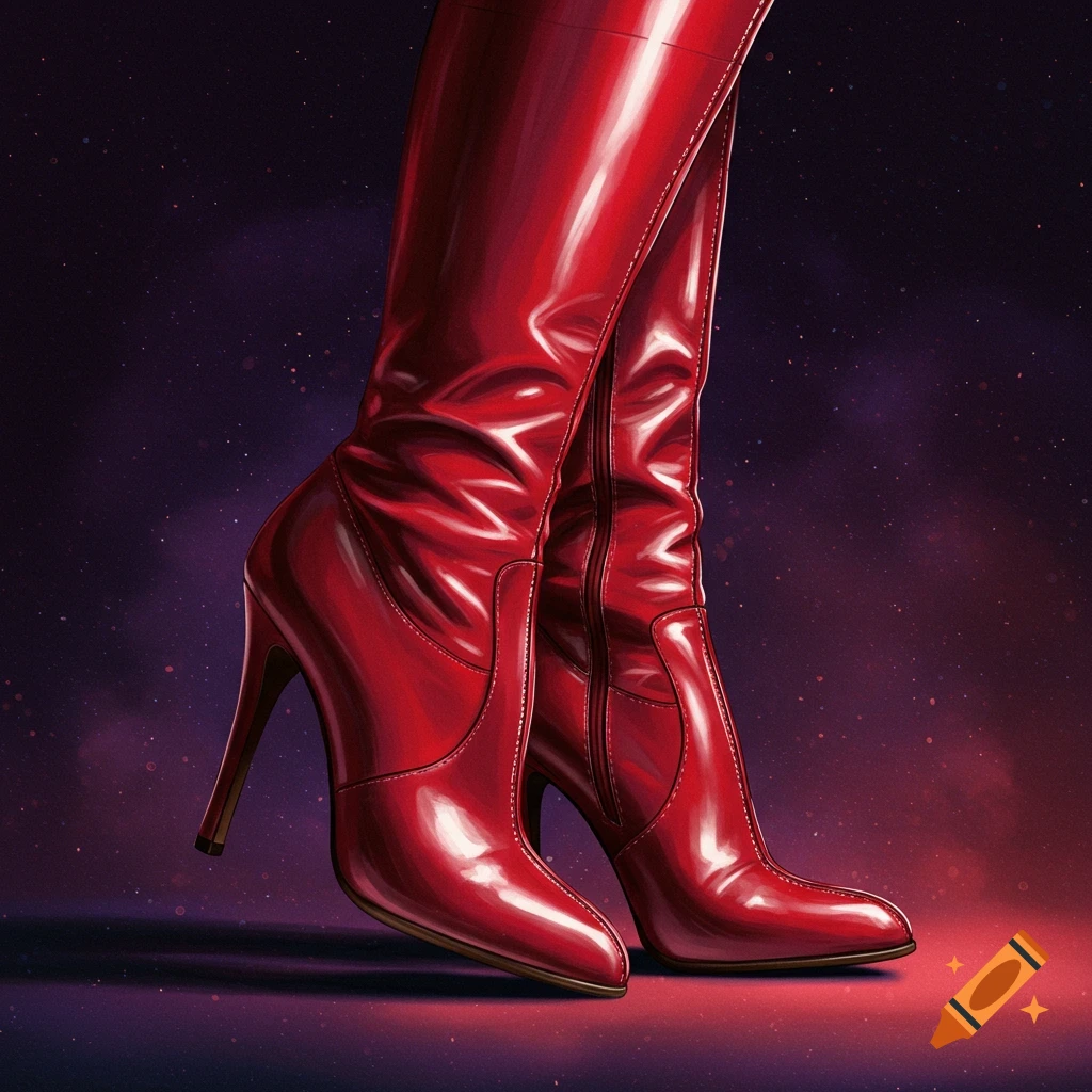A shiny red, knee-high, high-heeled boots.