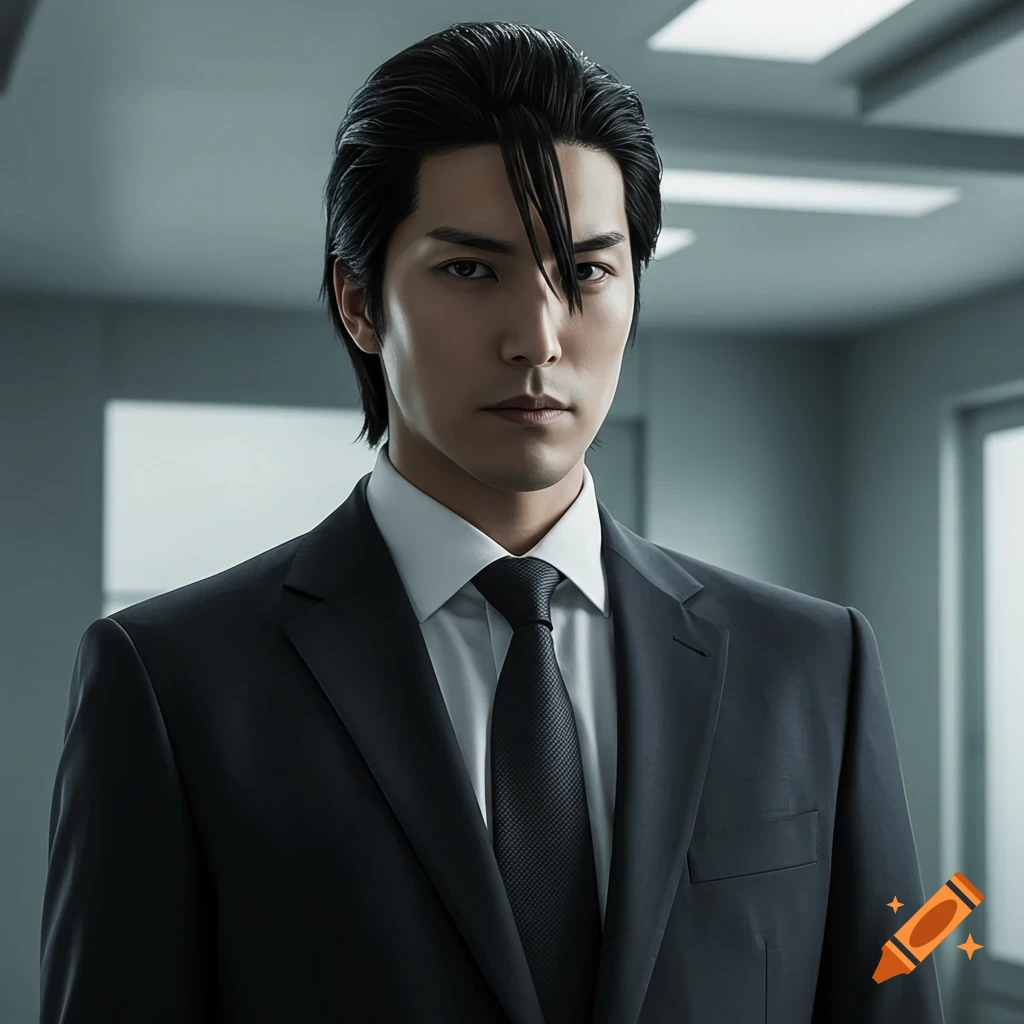 Photorealistic portrait of a man in a dark suit and tie.