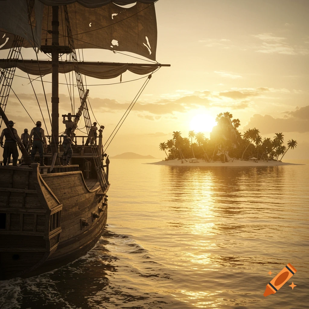 A pirate ship sailing towards a tropical island at sunset.