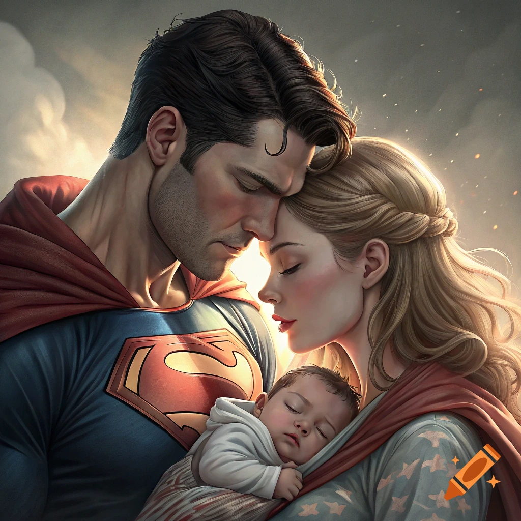 Illustrated portrait of Superman and a woman holding a baby, their faces touching, in a heartwarming family scene.