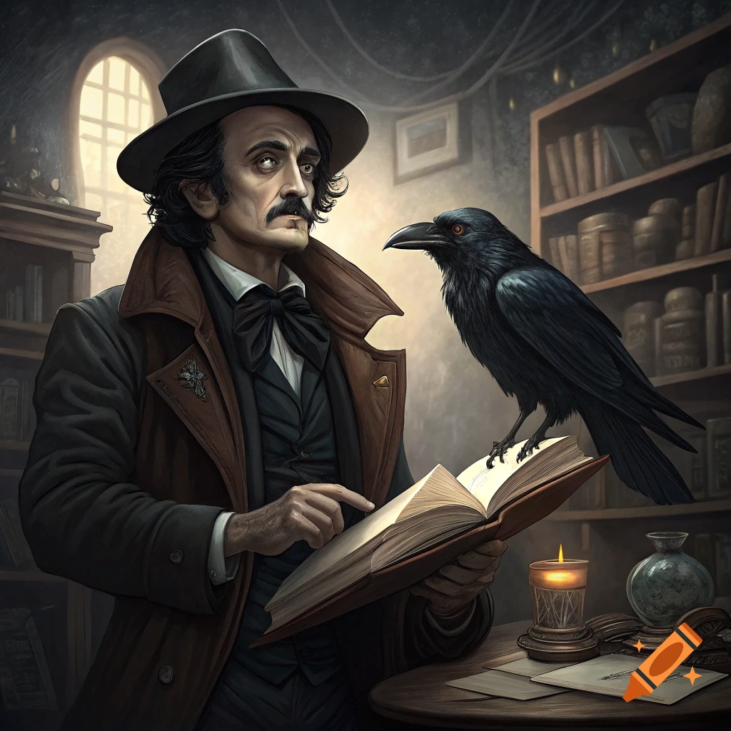 Edgar Allan Poe with a raven perched on a book in a dimly lit library.
